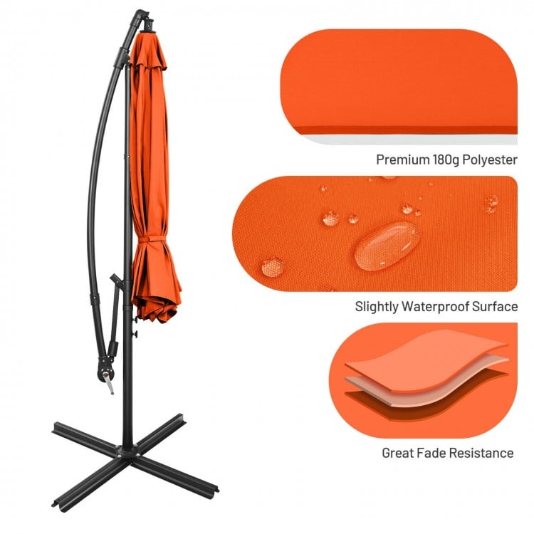 10FT offset umbrella in orange with smooth polyester, 8 iron ribs, and cross base for adjustable shade and stability.