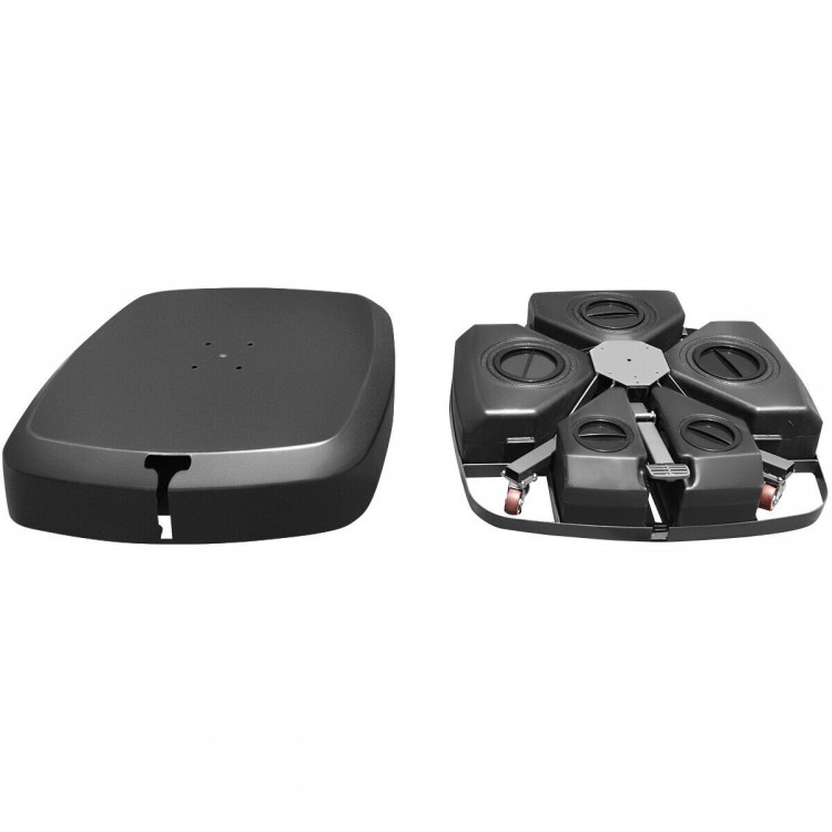 Patio cantilever umbrella base with wheels, made of durable materials, fillable with water or sand for stability.