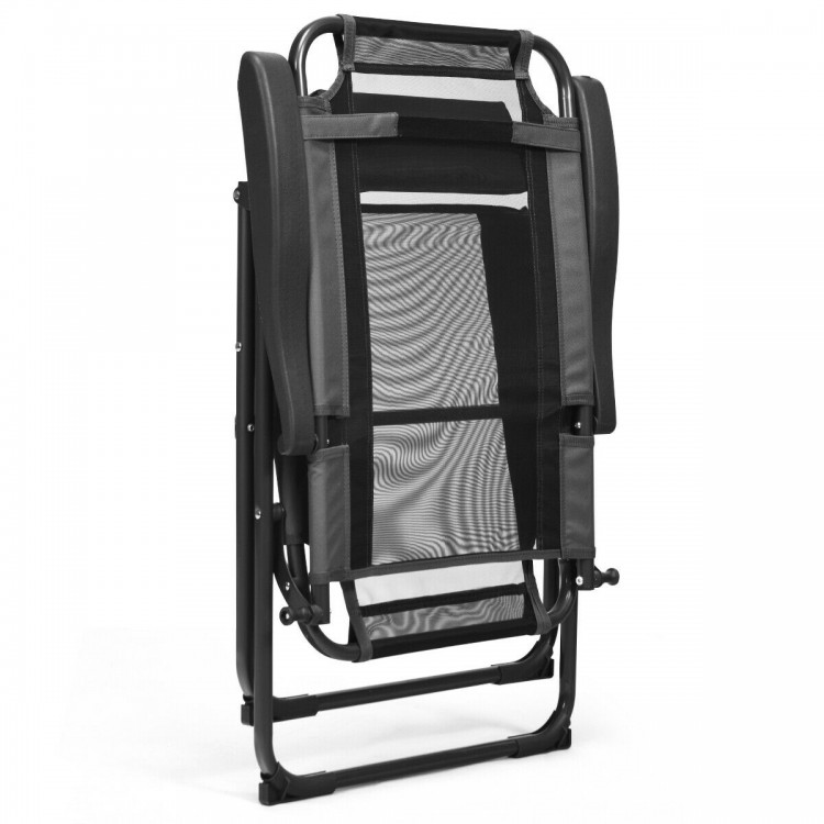 Folding patio chair in gray with adjustable backrest and headrest, designed for comfort and easy transport.