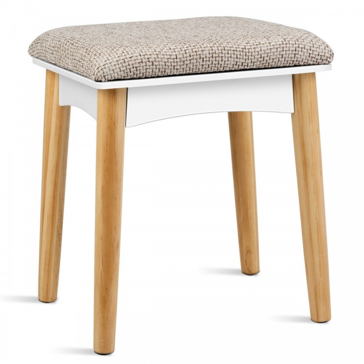 Solid stool with thick cushion, featuring a modern design, perfect for use with a makeup vanity or as extra seating.