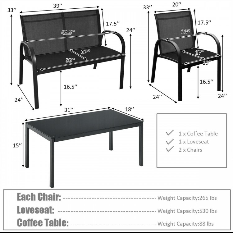 Black 4-piece patio furniture set featuring a glass top coffee table, loveseat, and two single chairs for outdoor.