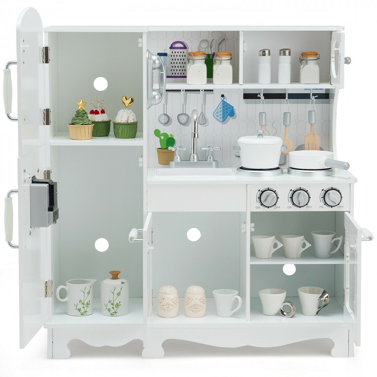White kitchen pretend play cookware set with removable sink, featuring shelves and accessories for kids' imaginative.