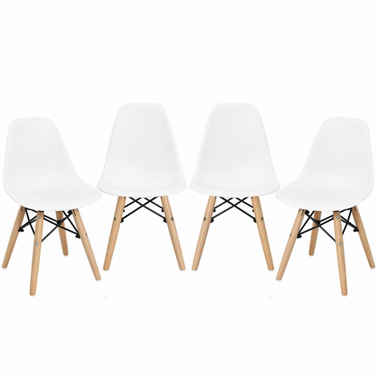 Set of four white mini DSW chairs with wood legs, ideal for kids' playrooms and study desks, ergonomic and lightweight.