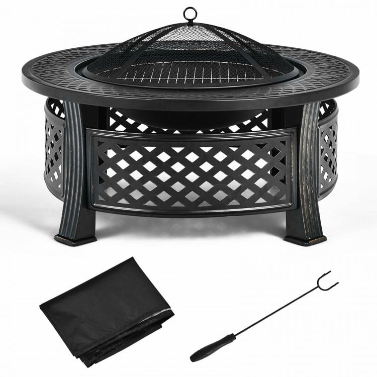 Outdoor fire pit with BBQ grill, high-temp finish, mesh cover, poker, and rain cover for backyard or patio use.