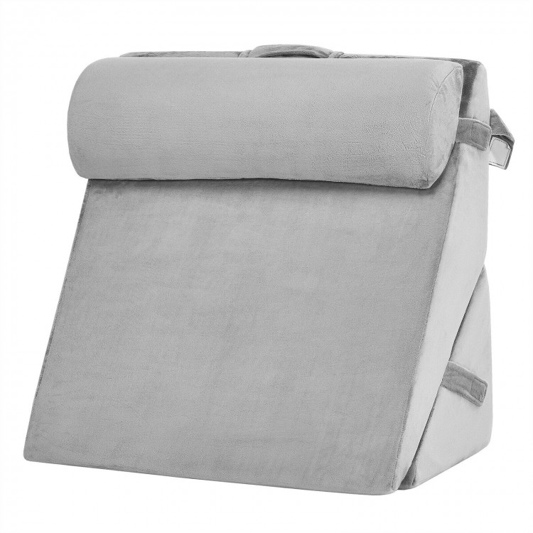 Adjustable gray wedge pillow with removable headrest, made of memory foam for versatile support while reading or.