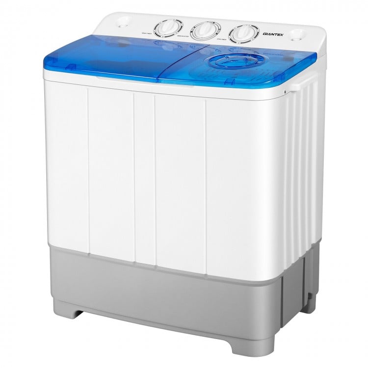 Portable 2-in-1 washing machine with blue lid, 22lbs capacity, adjustable timer, and twin tub design for efficient.