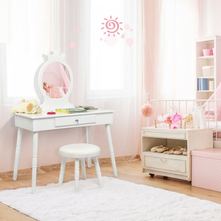 White vanity makeup table and chair set with a mirror, perfect for little girls' bedrooms and playrooms.