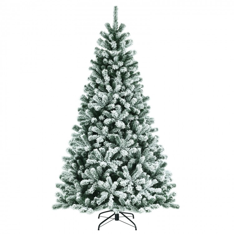 7-foot snow-flocked Christmas tree with 1116 tips and metal stand, featuring warm white lights for festive ambiance.