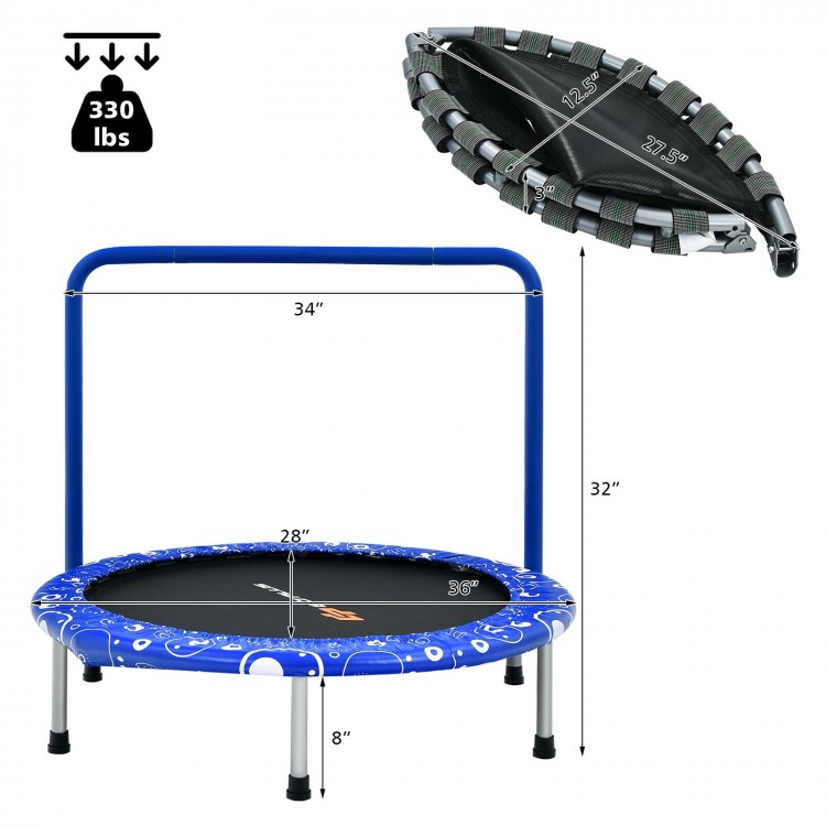 36-inch kids trampoline in blue with padded handle, designed for safe indoor and outdoor use, supports up to 330 lbs.