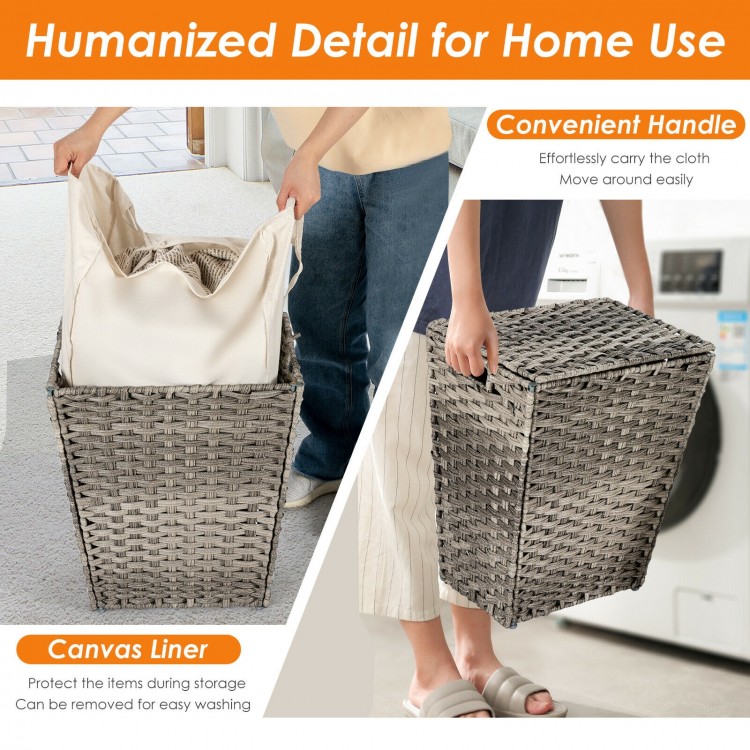 Handwoven gray laundry hamper with removable liner and flip lid, designed for stability and easy transport in laundry.