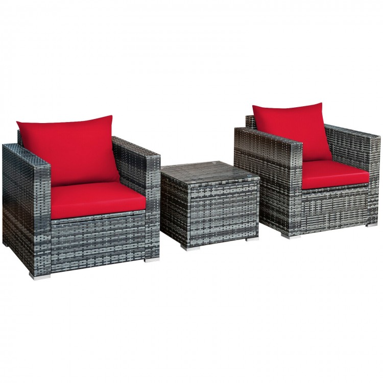 Single cushioned red chair from the 3-piece patio rattan furniture set, featuring a sturdy steel frame for outdoor.
