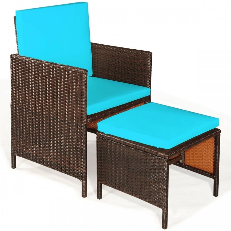 Cushioned patio chair and ottoman set in turquoise with PE wicker, ideal for outdoor dining and relaxation.