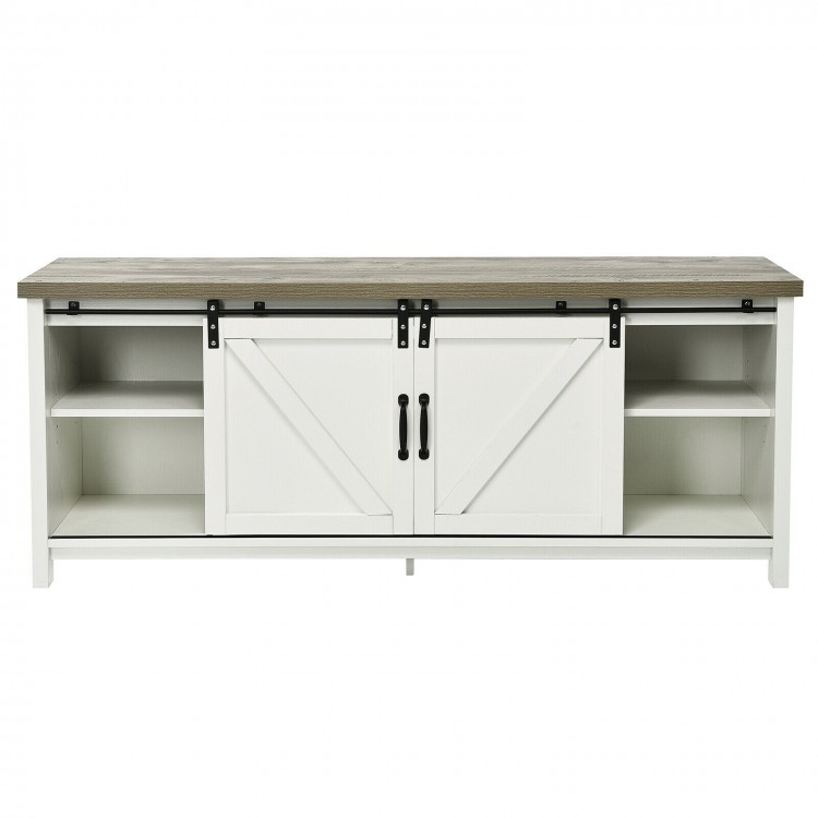 TV stand media center console cabinet in white with sliding barn doors, ample storage, and adjustable shelves for.