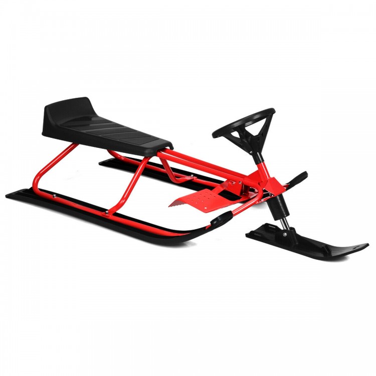 Snow sled with double brakes and steering wheel, highlighting the lightweight design for easy carrying and transport.