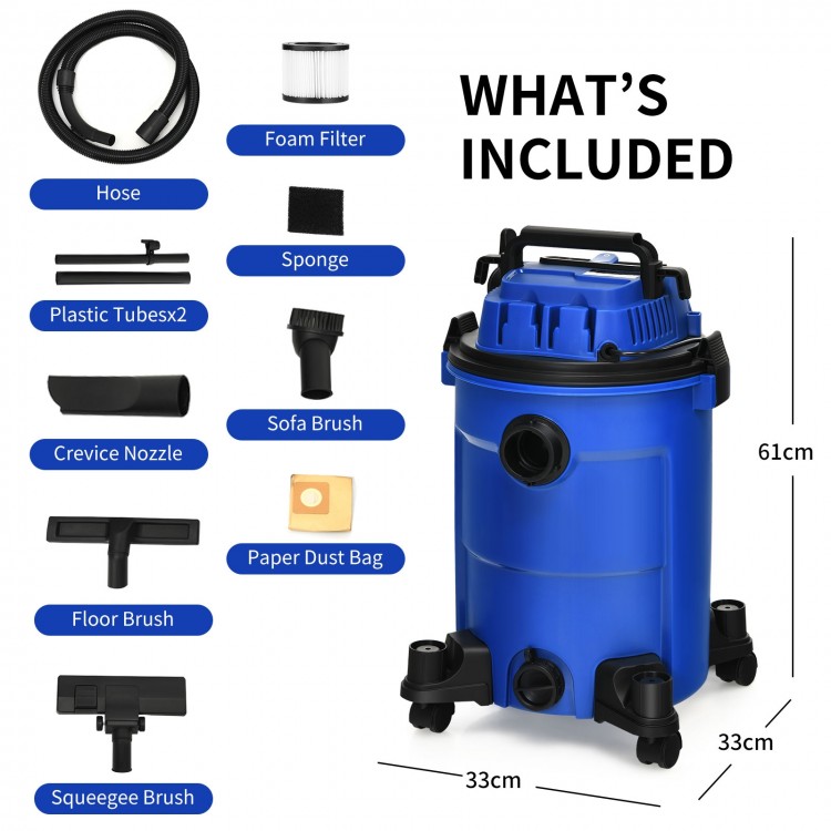 Blue 6.6-gallon wet dry vacuum cleaner with blower, 1200W motor, includes hose, filters, and various nozzles for.