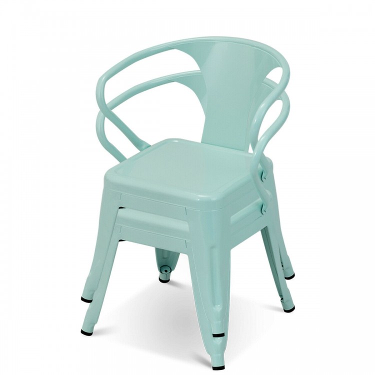 Stackable kids chair in green made of premium steel, featuring ergonomic backrest and rounded corners for safety.