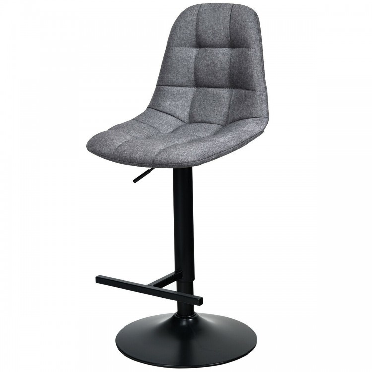 Adjustable gray linen bar stool with a swivel design and T-shaped footrest, perfect for kitchens and cafes.