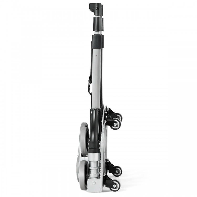 Folding stair climbing hand truck with three wheels, adjustable handle, and compact design for easy storage and.