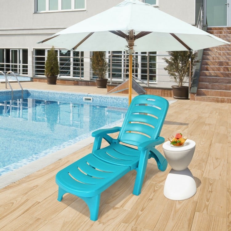 Turquoise 5-position adjustable folding lounger chaise chair by the pool, perfect for outdoor relaxation and comfort.