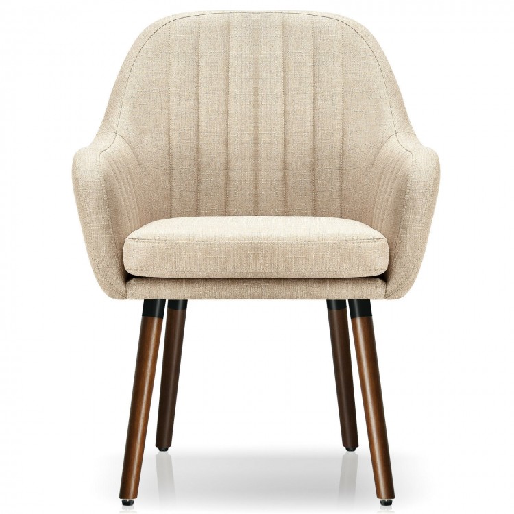 Beige fabric upholstered accent chair with wooden legs, featuring ergonomic armrests and a curved backrest for comfort.