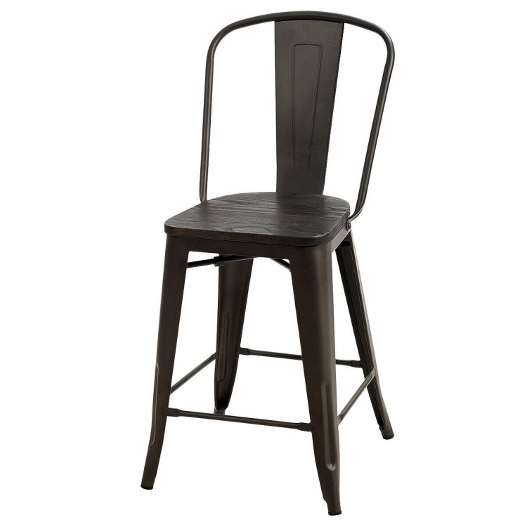 Industrial metal counter stool with removable backrest, solid steel and elmwood seat, perfect for kitchens or bistros.