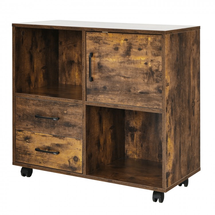 Mobile file cabinet in brown with open compartments, drawers, and wheels for easy movement in any room.