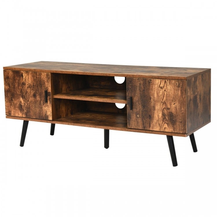 Industrial TV stand in rustic brown with storage cabinets and solid pine legs, perfect for organizing living room.