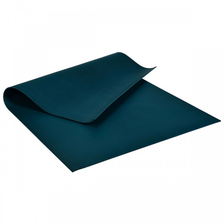 Navy workout yoga mat featuring double-sided anti-skid design and adjustable Velcro straps for easy storage and.