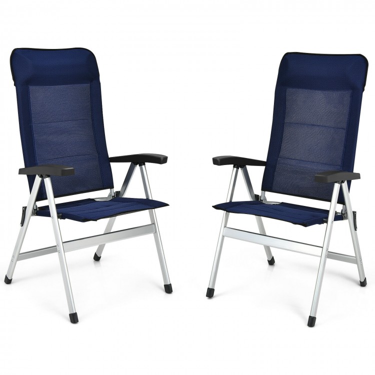 Two blue patio dining chairs with adjustable backrests and foldable design, made of aluminum and iron for outdoor.