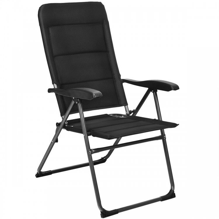 Black patio folding chair with adjustable backrest, made of steel and oxford fabric, ideal for outdoor relaxation.