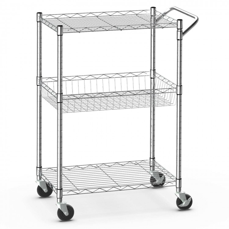 3-tier rolling utility cart with adjustable shelves and lockable wheels, perfect for kitchen or office storage.