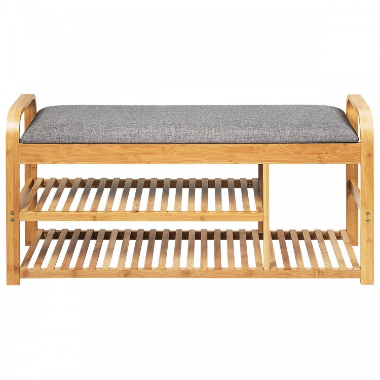 Bamboo shoe rack bench with cushion, featuring three tiers and ergonomic design, perfect for entryway or bedroom use.
