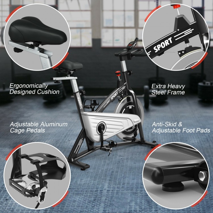 Fixed training bicycle with adjustable seat and handlebar, 30 lbs flywheel, LCD monitor for home and gym use.