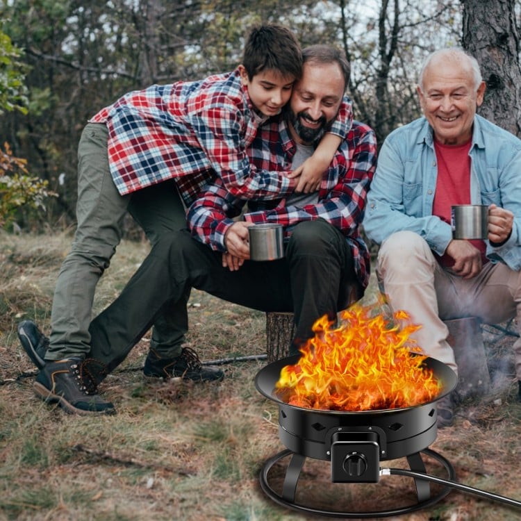 Portable propane fire pit with flames, sturdy black iron design, perfect for camping and outdoor gatherings.