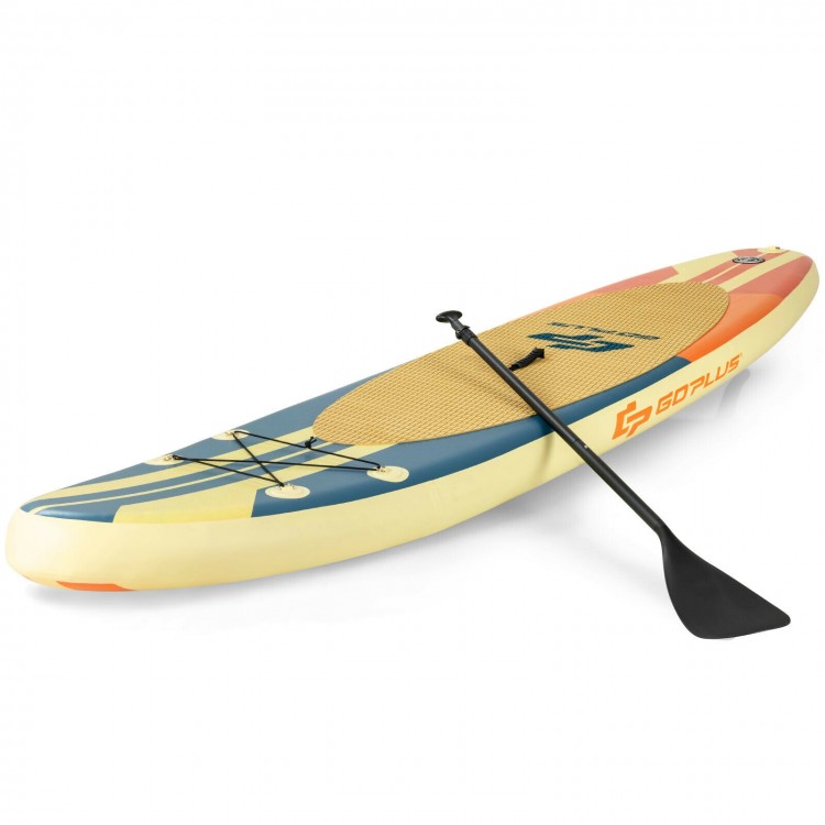 Inflatable stand-up paddle board with non-slip deck, aluminum paddle, and carrying bag, perfect for water activities.