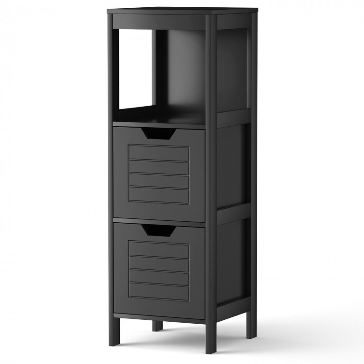 Black bathroom wooden floor cabinet with two drawers and three shelves for multifunctional storage and organization.
