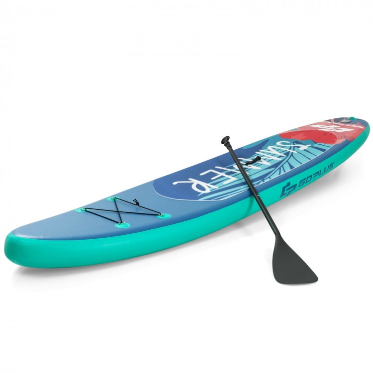 Inflatable 10-foot stand-up paddleboard with non-slip deck, aluminum paddle, and bungee cords for water activities.