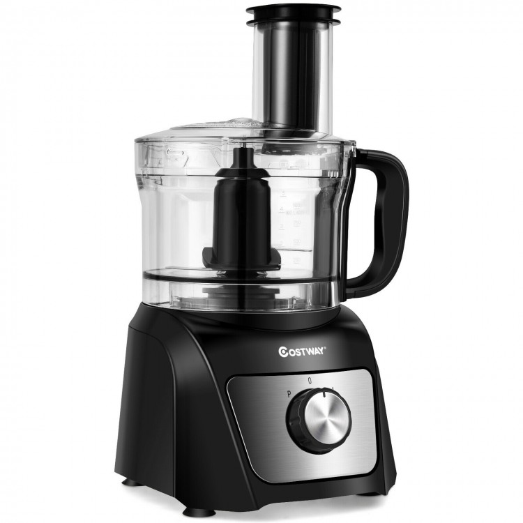 8-cup food processor with 500W motor, variable speed, and three interchangeable blades for versatile food preparation.