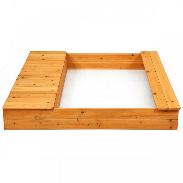 Cedar sandbox with detachable seats and storage boxes, perfect for kids to dig and play in the backyard.