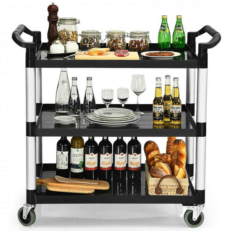 3-shelf utility service cart with aluminum frame, 490lbs capacity, featuring drinks, plates, and baked goods for.