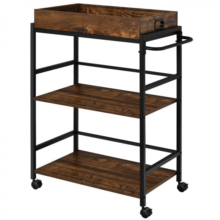 3-tier kitchen serving bar cart in rustic brown with lockable casters and handle rack, ideal for dining or patio use.
