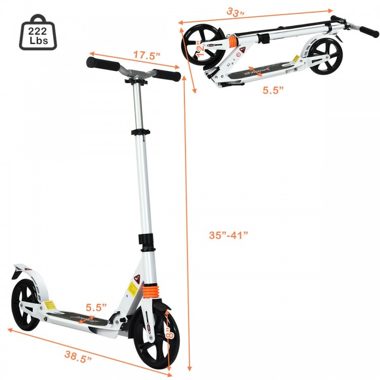 Folding aluminium adjustable kick scooter in white with 8" wheels, suitable for adults and kids, weight capacity 222lbs.