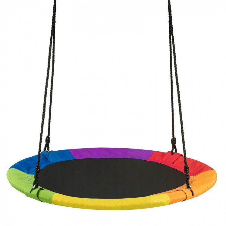 Multicolor 40-inch flying saucer tree swing with adjustable height, designed for kids to play and relax outdoors.