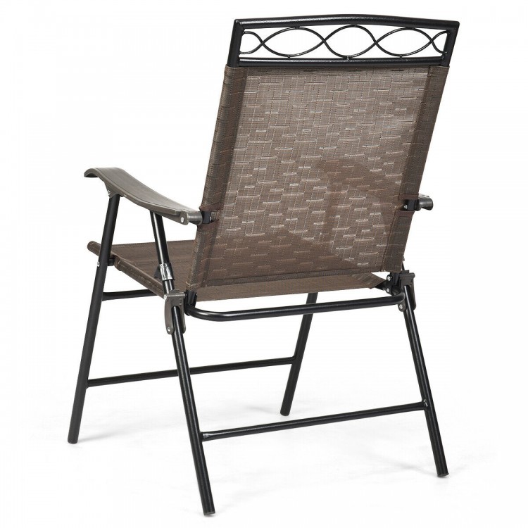 Brown patio folding chair with a heavy-duty steel frame and breathable fabric, perfect for outdoor activities and easy.