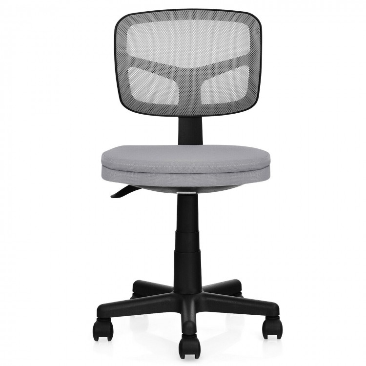 Armless gray computer chair with height adjustment, breathable mesh back, and removable cushion for home office use.