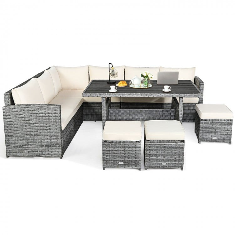 Sectional sofa set with off-white cushions, includes 3 corner chairs, table, and 3 ottomans for outdoor dining.