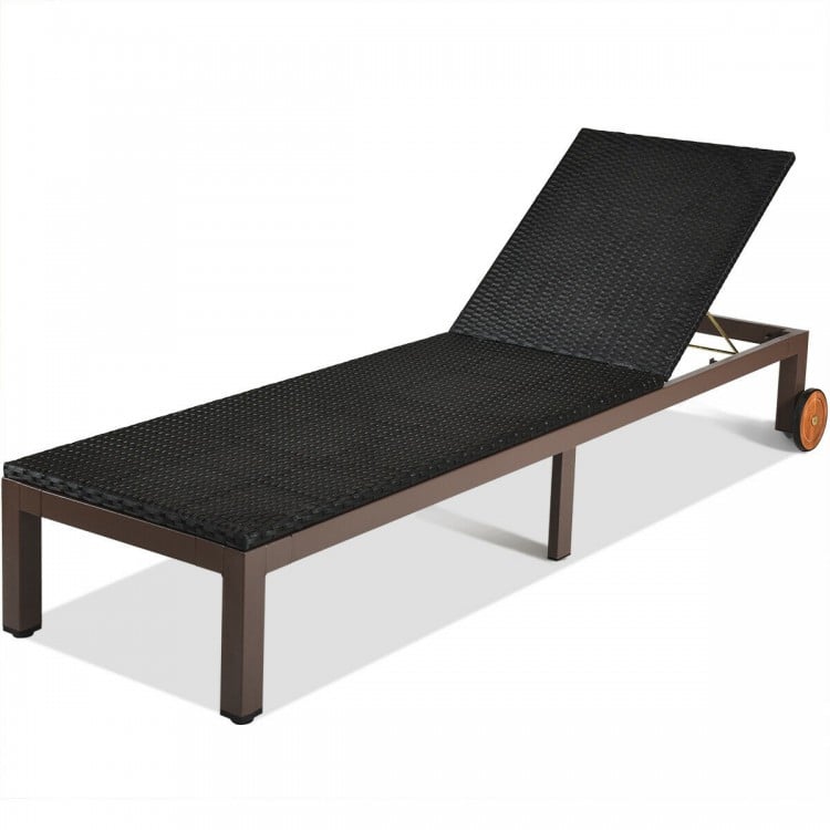 Adjustable outdoor rattan chaise lounge chair with soft cushion, sturdy metal frame, and wheels for easy mobility.