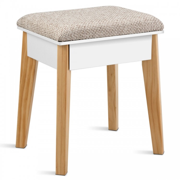 Cushioned stool with pine wood legs from a vanity table set, featuring a soft pad for comfortable seating.