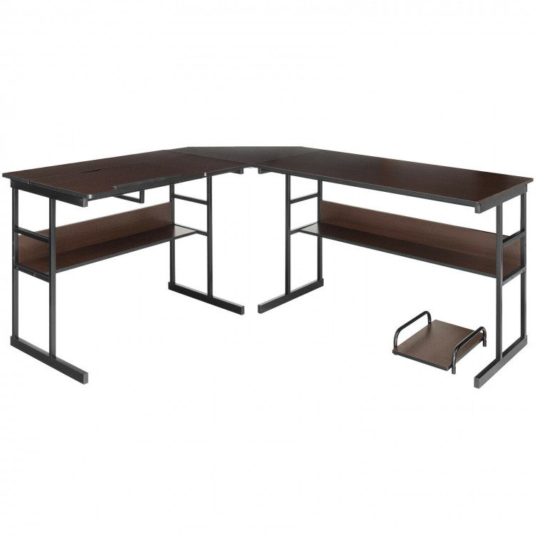 L-shaped computer desk in brown featuring a sturdy metal frame, spacious open shelves, and ample legroom for comfort.