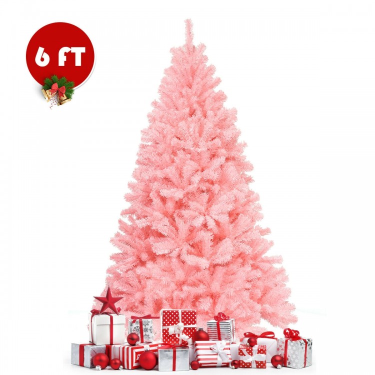 6-foot pink artificial Christmas tree with full-bodied spruce design and sturdy metal stand, perfect for festive.